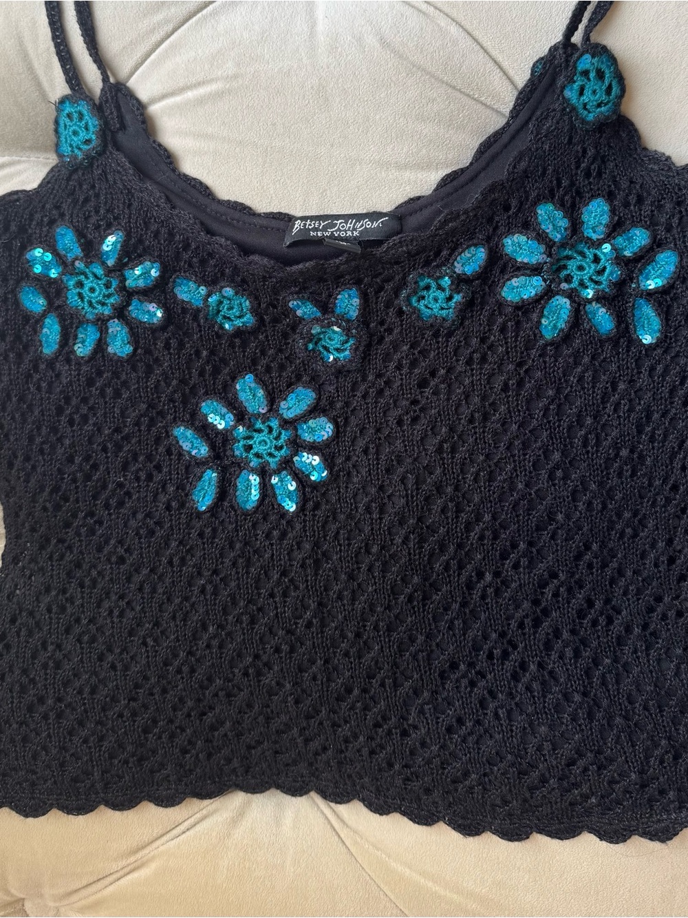 Betsey Johnson rare vintage Black Crochet Camisole with Teal Floral Accents